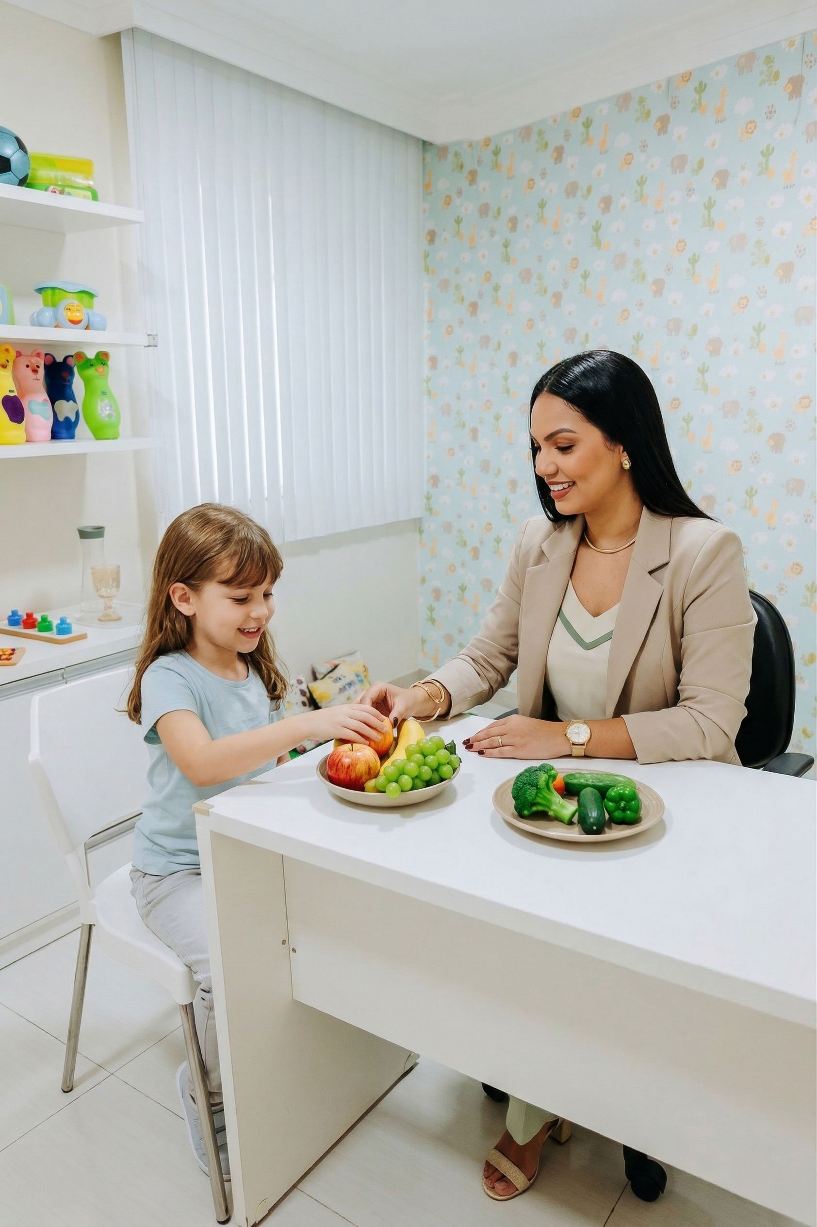 Nutricionista Iasmin com criança em atendimento na Clínica Elo Saúde Integrada Aracaju